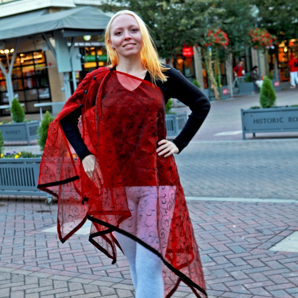 Sheer red and shiny wrap with black velvet trim!